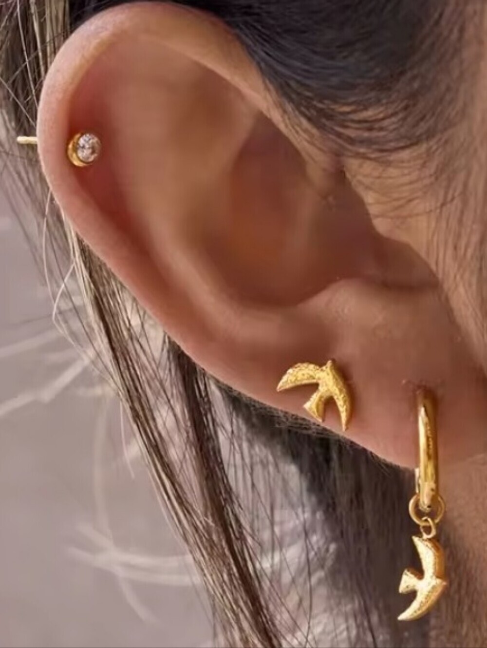 New! Gold Bird Huggie Hoop Stud 6 Pc Earring Gold Plated Ear Stack 2005b • NWOT